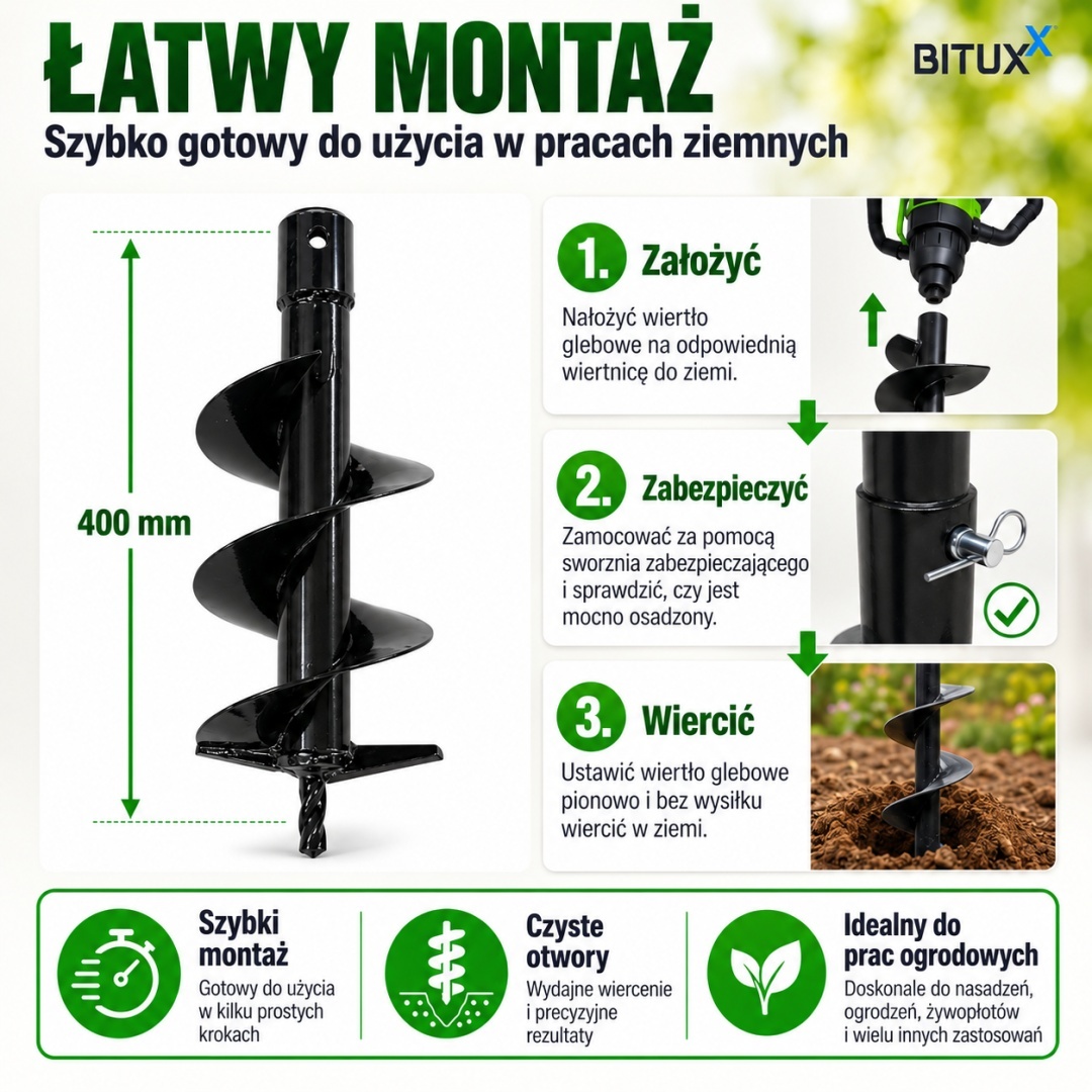Zemní vrták 100 mm 400 mm šnek do země vrták ocelový na zahradu odolný M12928